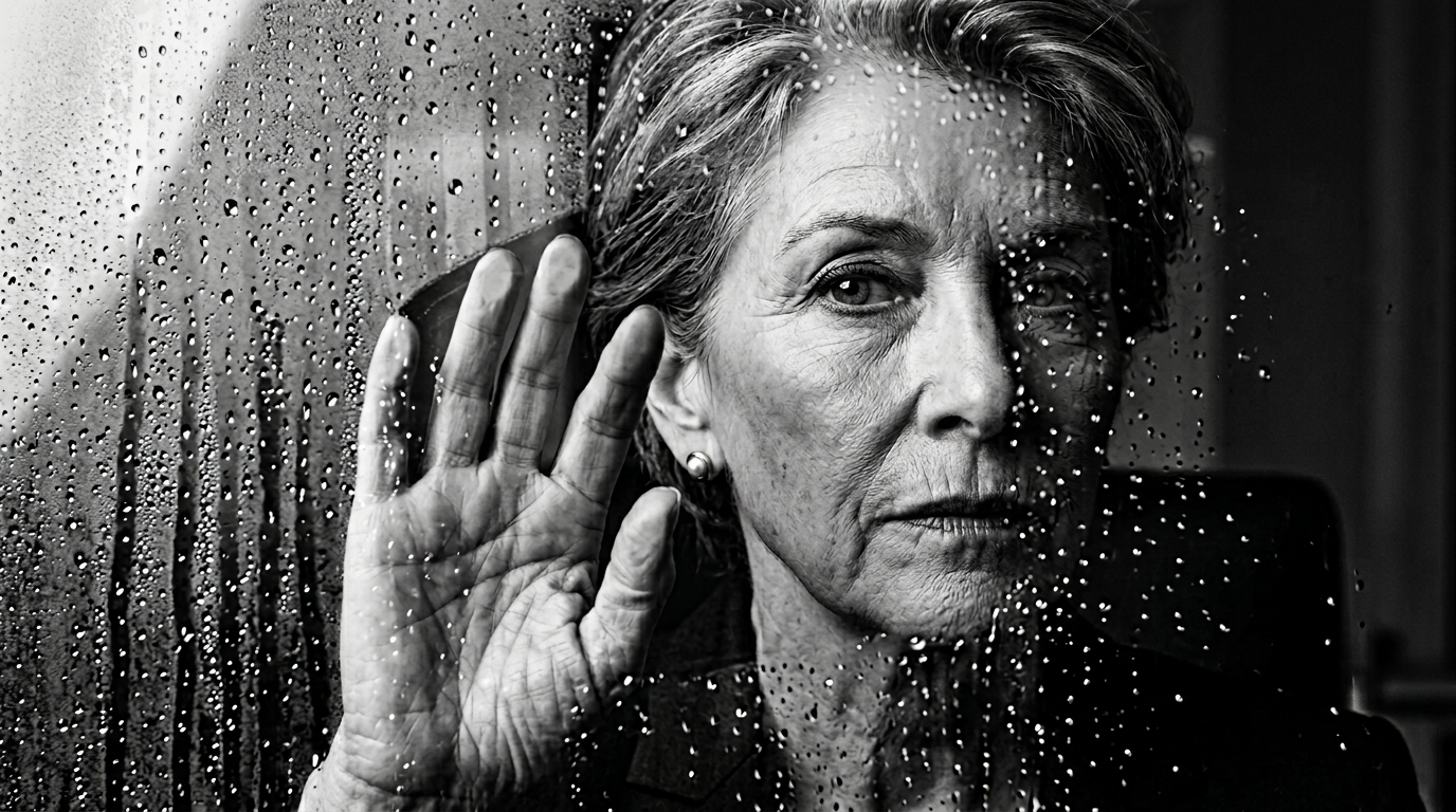 Woman at a rain-streaked window